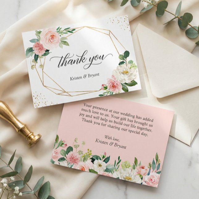 Modern Geometric Gold Frame Blush Floral Wedding Thank You Card (Creator Uploaded)