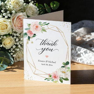 Modern Geometric Gold Frame Blush Pink Floral Thank You Card