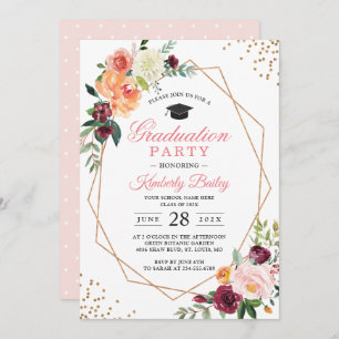 Modern Geometric Gold Frame Chic Floral Graduation Invitation
