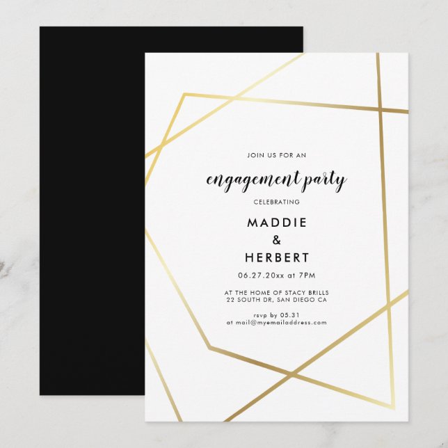 Modern geometric gold frame engagement party invitation (Front/Back)