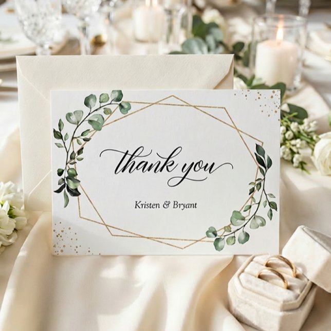 Modern Geometric Gold Frame Eucalyptus Wedding Thank You Card (Creator Uploaded)