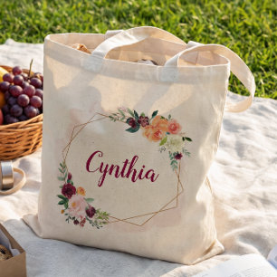 Modern Geometric Gold Frame Floral Bridesmaid Tote Bag