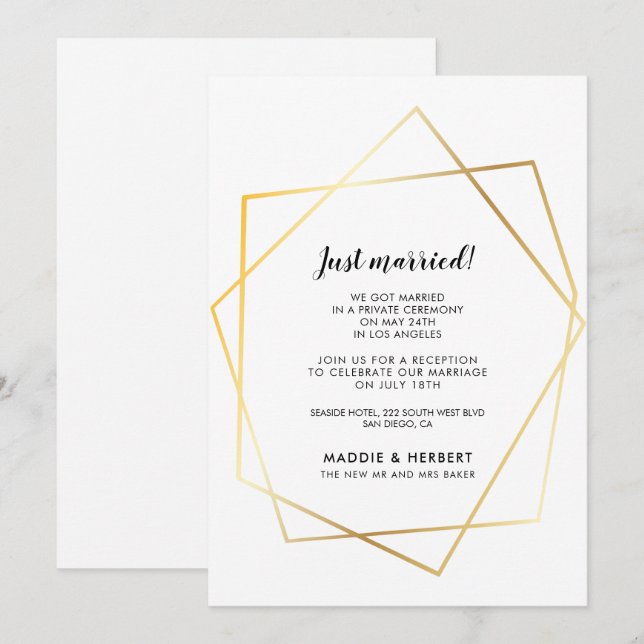 Modern geometric gold frame Just married card (Front/Back)