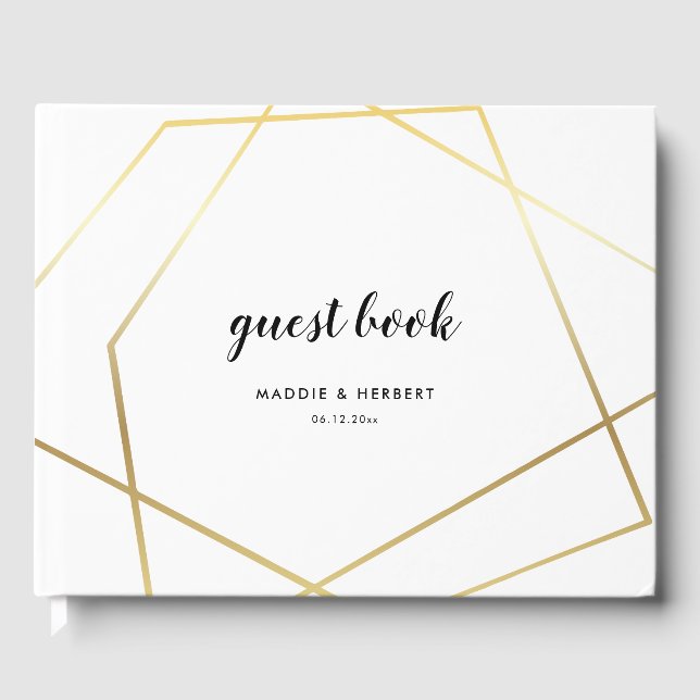 Modern geometric gold frame wedding guest book (Front)