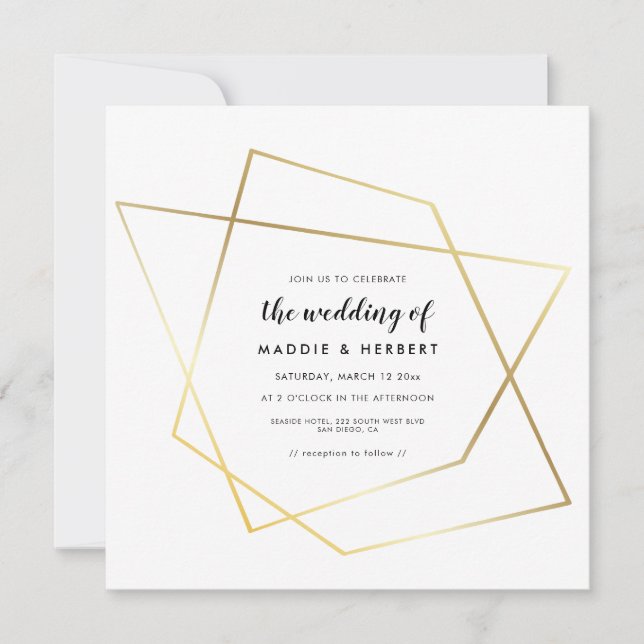 Modern geometric gold frame wedding invitation (Front)