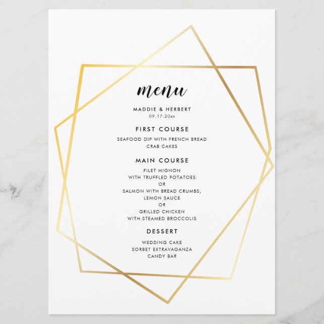 Modern geometric gold frame wedding menu (Front)