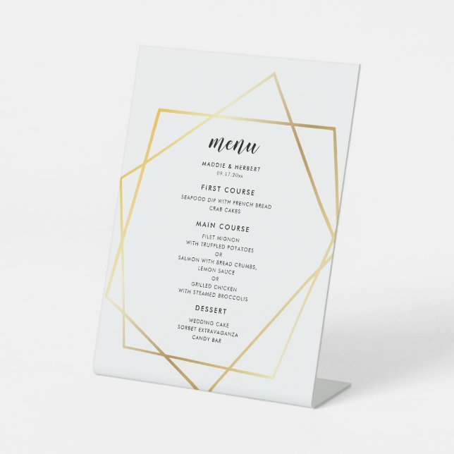 Modern geometric gold frame wedding menu pedestal sign (Front)