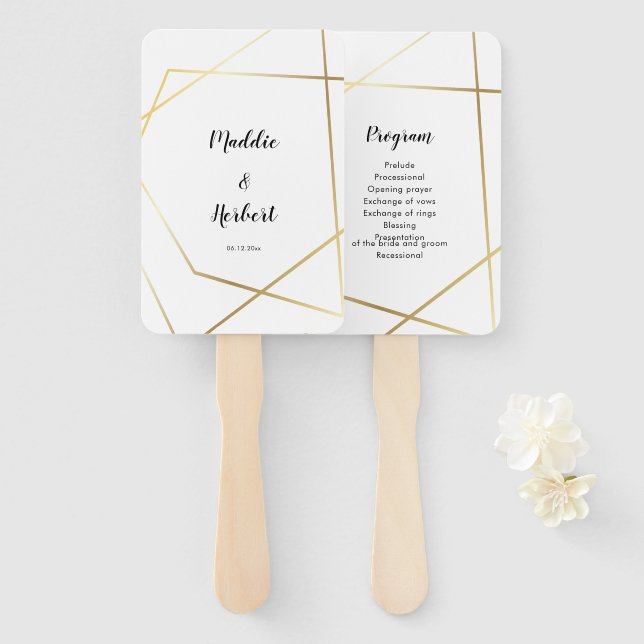Modern geometric gold frame wedding program hand fan (Front and Back)