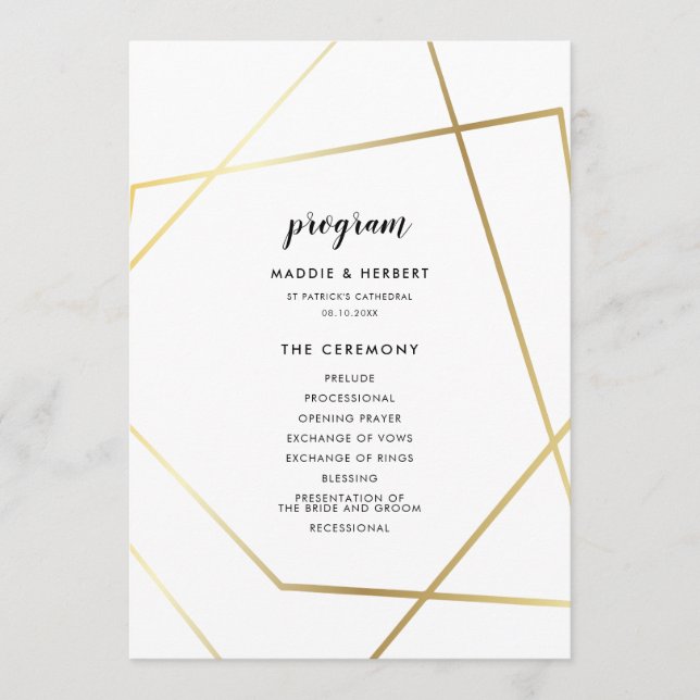 Modern geometric gold frame wedding programme (Front)