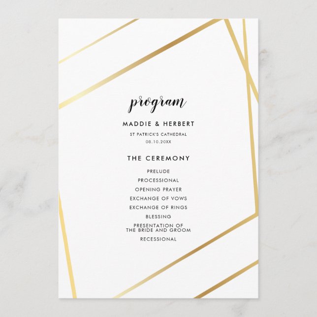 Modern geometric gold frame wedding programme (Front)