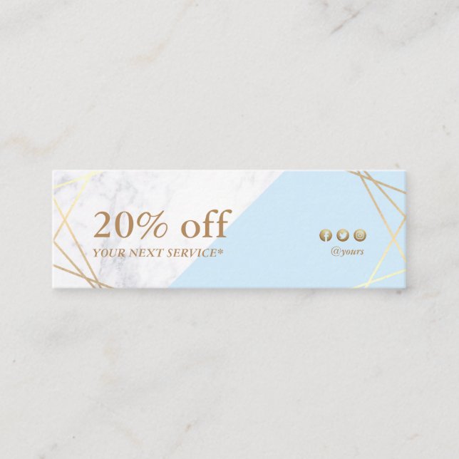 Modern Geometric Gold Marble Pastel Blue Coupon Mini Business Card (Front)