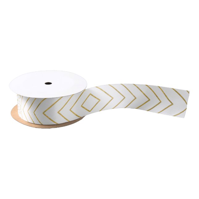 Modern Geometric Gold Squares Pattern on White Col Satin Ribbon (Spool)