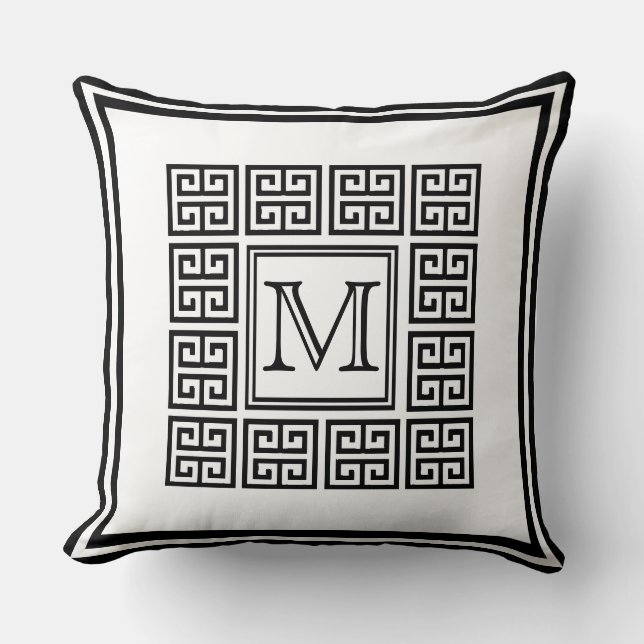 Modern Geometric Greek key Pattern Monogram Cushion (Front)