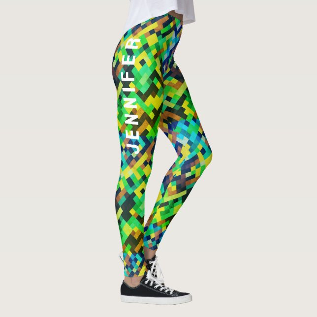 Modern Geometric Green Pixel Art Gaming Pattern Leggings (Right)