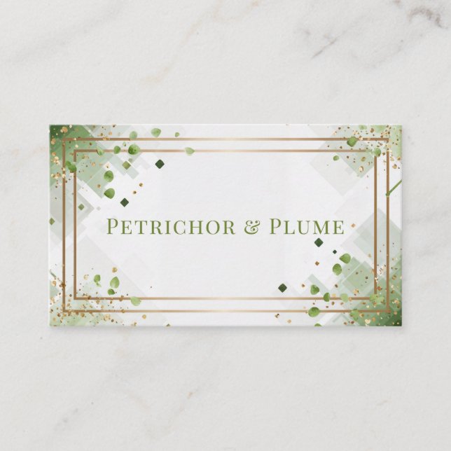 Modern Geometric Greenery & Gold Confetti Business Card (Front)