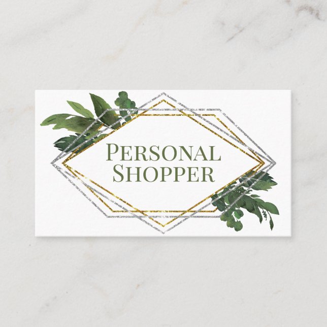Modern Geometric Greenery Personal Shopper Business Card (Front)