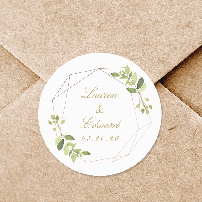 Modern Geometric Greenery Wedding Classic Round Sticker (Creator Uploaded)