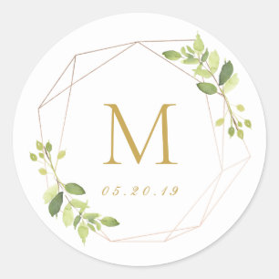 Modern Geometric Greenery Wedding Monogram Classic Round Sticker