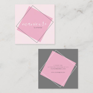 Modern geometric grey & pink manicure square business card