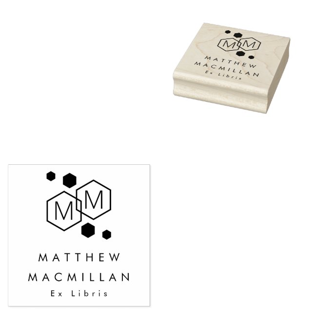 Modern geometric hexagons monogram library book rubber stamp (Stamped)