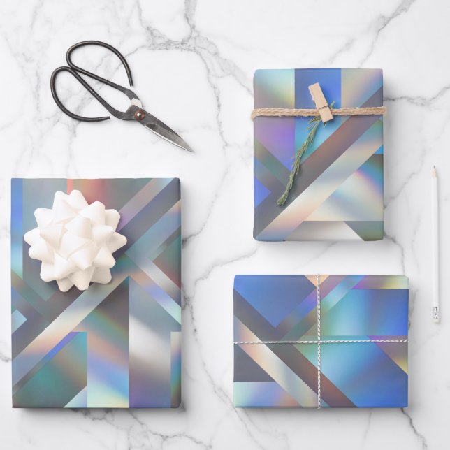  Modern Geometric Holographic Pastel Rainbow Party Wrapping Paper Sheet (Front)
