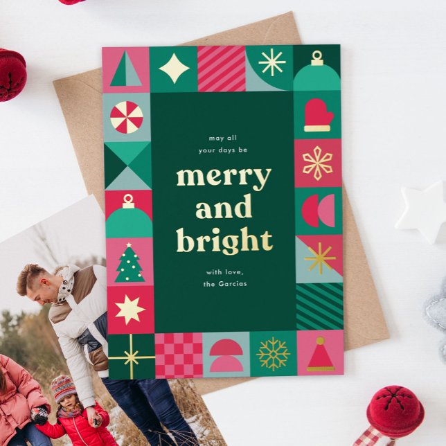 Modern Geometric Icons Christmas Greeting  Foil Holiday Card (modern, geometric, Christmas greeting card with gold foil details)