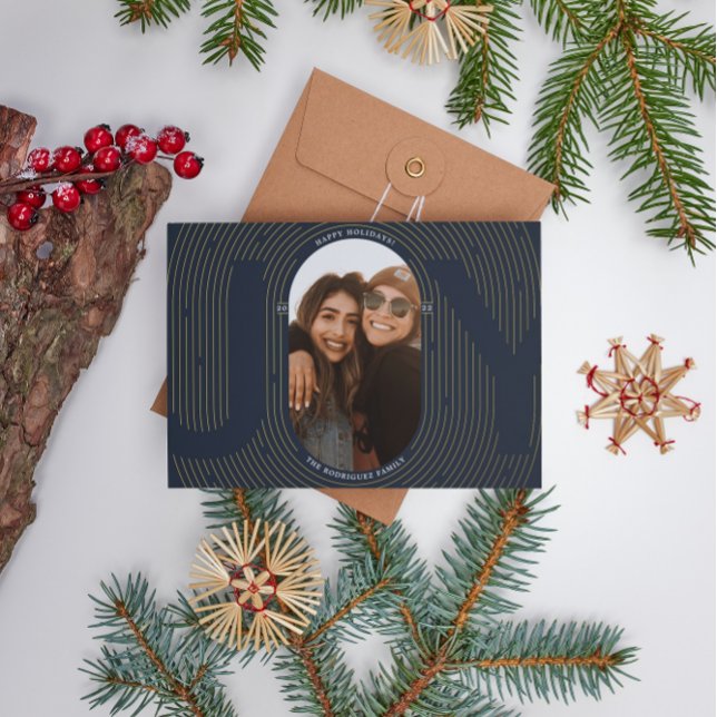 Modern Geometric Joy Oval Arch Navy Gold  Foil Holiday Card (Creator Uploaded)