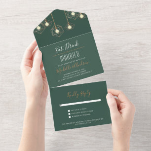 Modern Geometric Lights Dark Green Wedding All In One Invitation