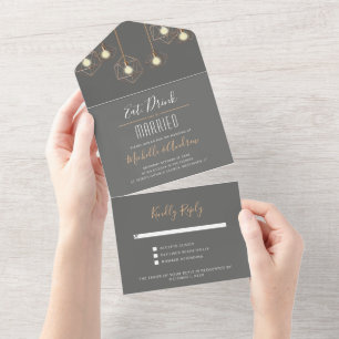 Modern Geometric Lights Dark Grey Wedding All In One Invitation