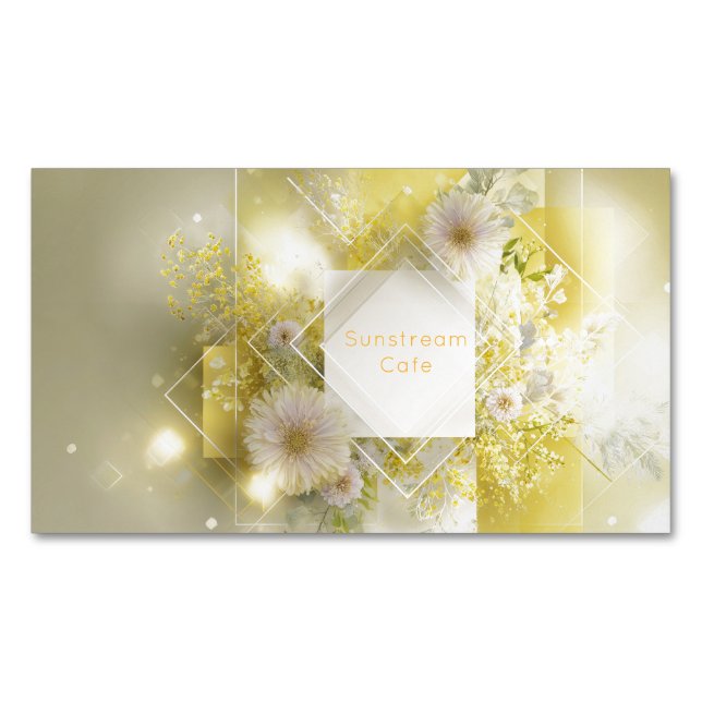 Modern Geometric Luminous Yellow Floral Magnetic Business Card (Front)