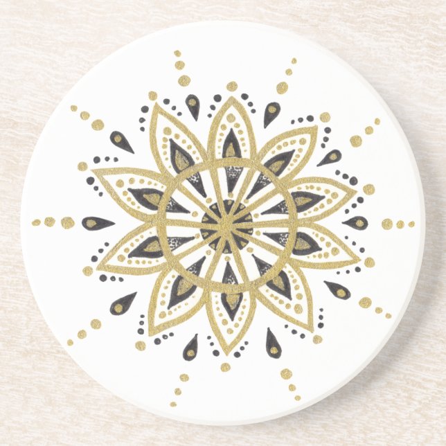 Modern Geometric Mandala Black & Gold Coaster (Front)