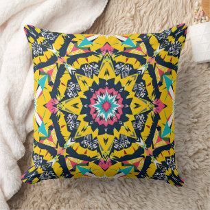 Modern geometric mandala yellow navy pattern cushion
