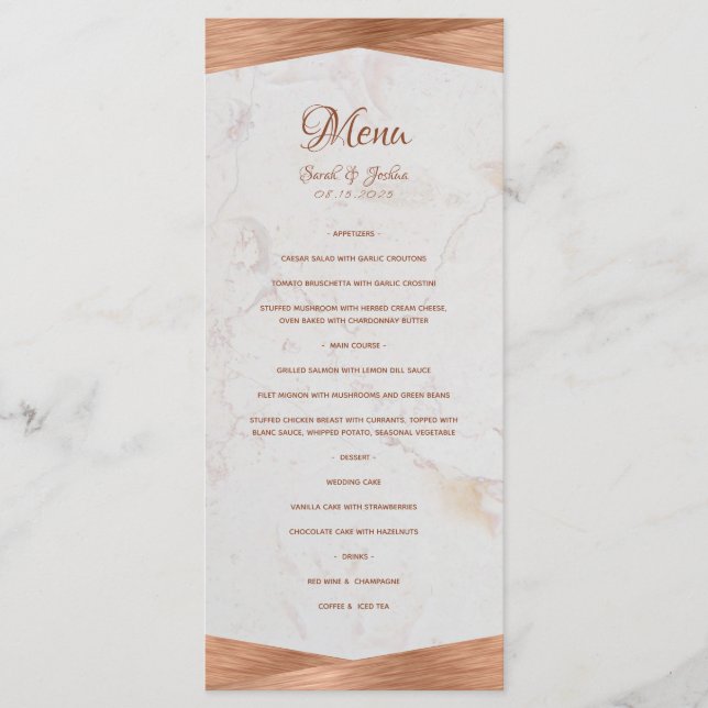 Modern Geometric Marble Copper Calligraphy Wedding Menu (Front)