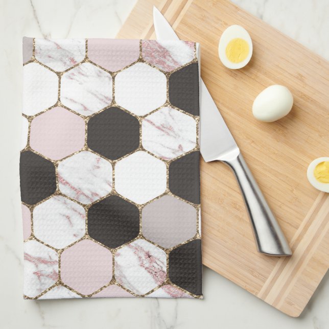Modern Geometric Marble Hexagon Pattern Tea Towel (Quarter Fold)