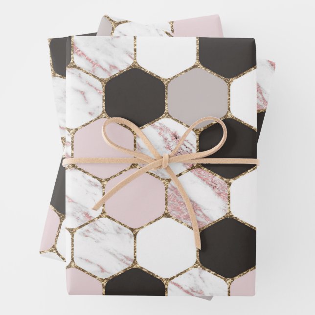 Modern Geometric Marble Hexagon Pattern Wrapping Paper Sheet (In situ)
