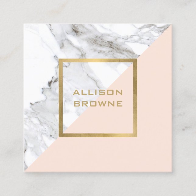 Modern Geometric Marble/Pink and Faux Gold Square Business Card (Front)