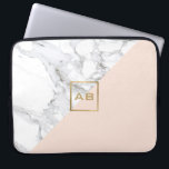 Modern Geometric Marble/Pink Monogram Logo Laptop Sleeve<br><div class="desc">A faux gold box featuring your initials becomes a minimalist,  modern logo on this personalised laptop sleeve. The contrasting white marble and soft pink colour block design makes for a stylish aesthetic. Art and design © 1201AM Design Studio | www.1201am.com</div>