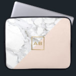 Modern Geometric Marble/Pink Monogram Logo Laptop Sleeve<br><div class="desc">A faux gold box featuring your initials becomes a minimalist,  modern logo on this personalised laptop sleeve. The contrasting white marble and soft pink colour block design makes for a stylish aesthetic. Art and design © 1201AM Design Studio | www.1201am.com</div>