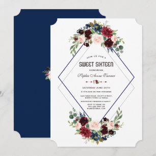Modern Geometric Merlot Navy Blue Floral Sweet 16 Invitation