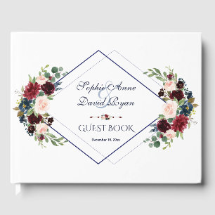 Modern Geometric Merlot Navy Blue Floral Wedding Guest Book