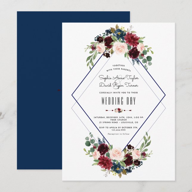Modern Geometric Merlot Navy Blue Floral Wedding Invitation (Front/Back)