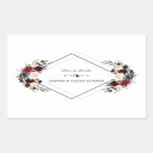 Modern Geometric Merlot Navy Blue Floral Wedding Rectangular Sticker
