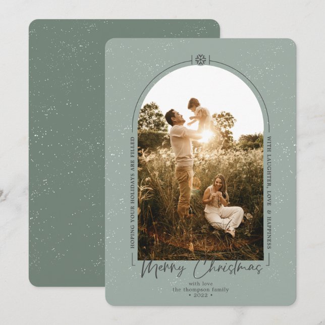 Modern Geometric Merry Christmas Green Photo Holiday Card (Front/Back)