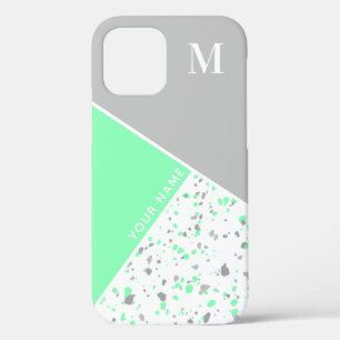Modern Geometric Mint Green Grey Terrazzo Monogram iPhone 12 Case