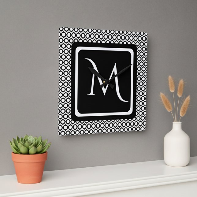 Modern Geometric Monogram Black White Square Wall Clock (Creator Uploaded)