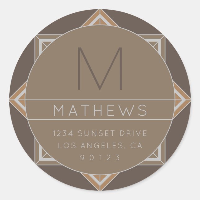 Modern Geometric Name & Monogram | Beige Classic Round Sticker (Front)