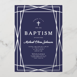 Modern Geometric Navy Blue Boy Baptism Silver