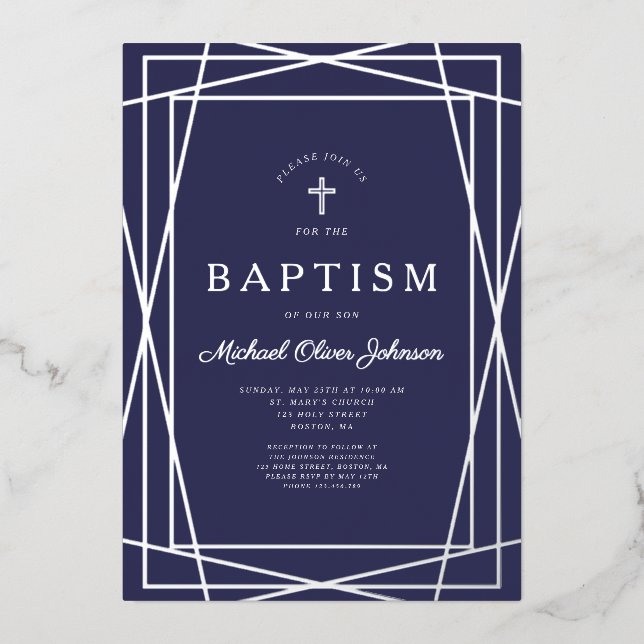Modern Geometric Navy Blue Boy Baptism Silver (Front)