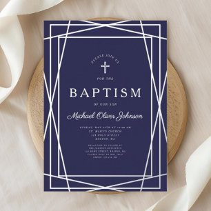 Modern Geometric Navy Blue Boy Baptism Silver