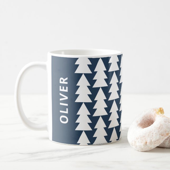 Modern geometric navy blue family Christmas tree Coffee Mug (With Donut)